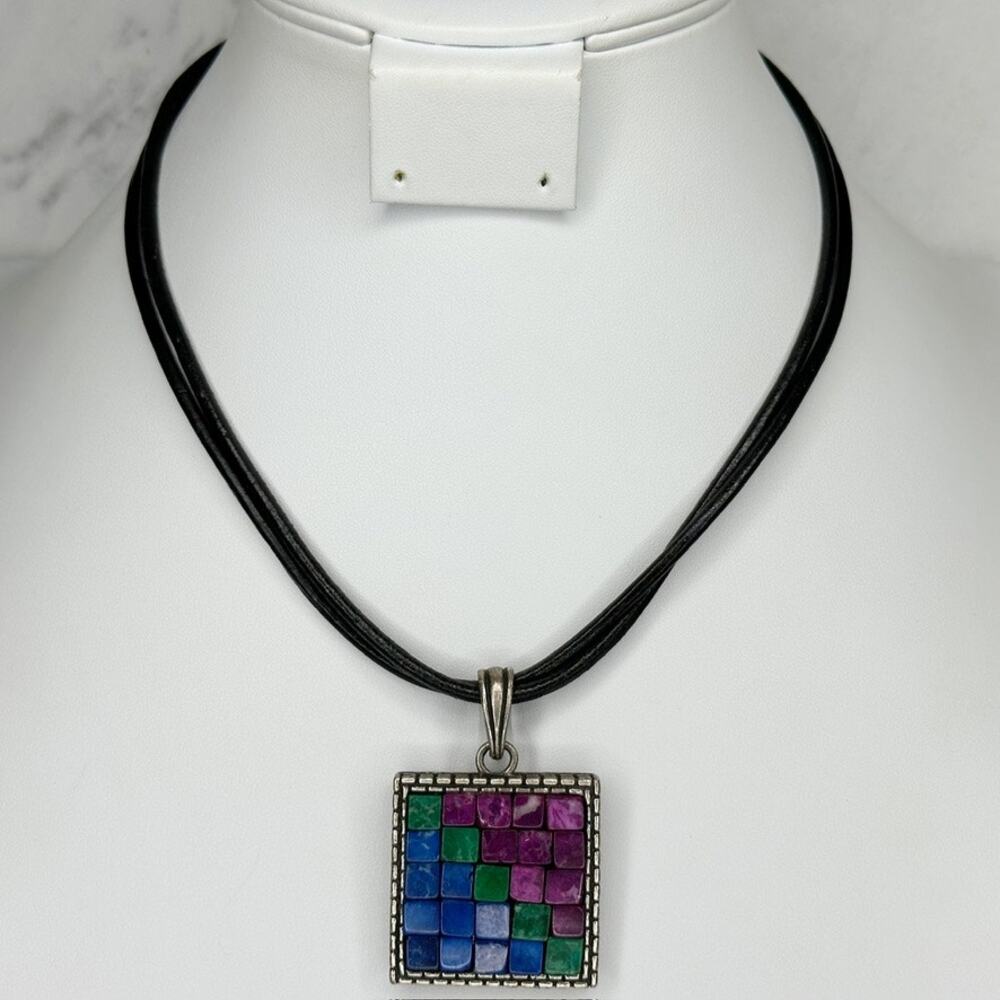 Vintage Chico's Mosaic Square Pendant Silver Necklace ✨